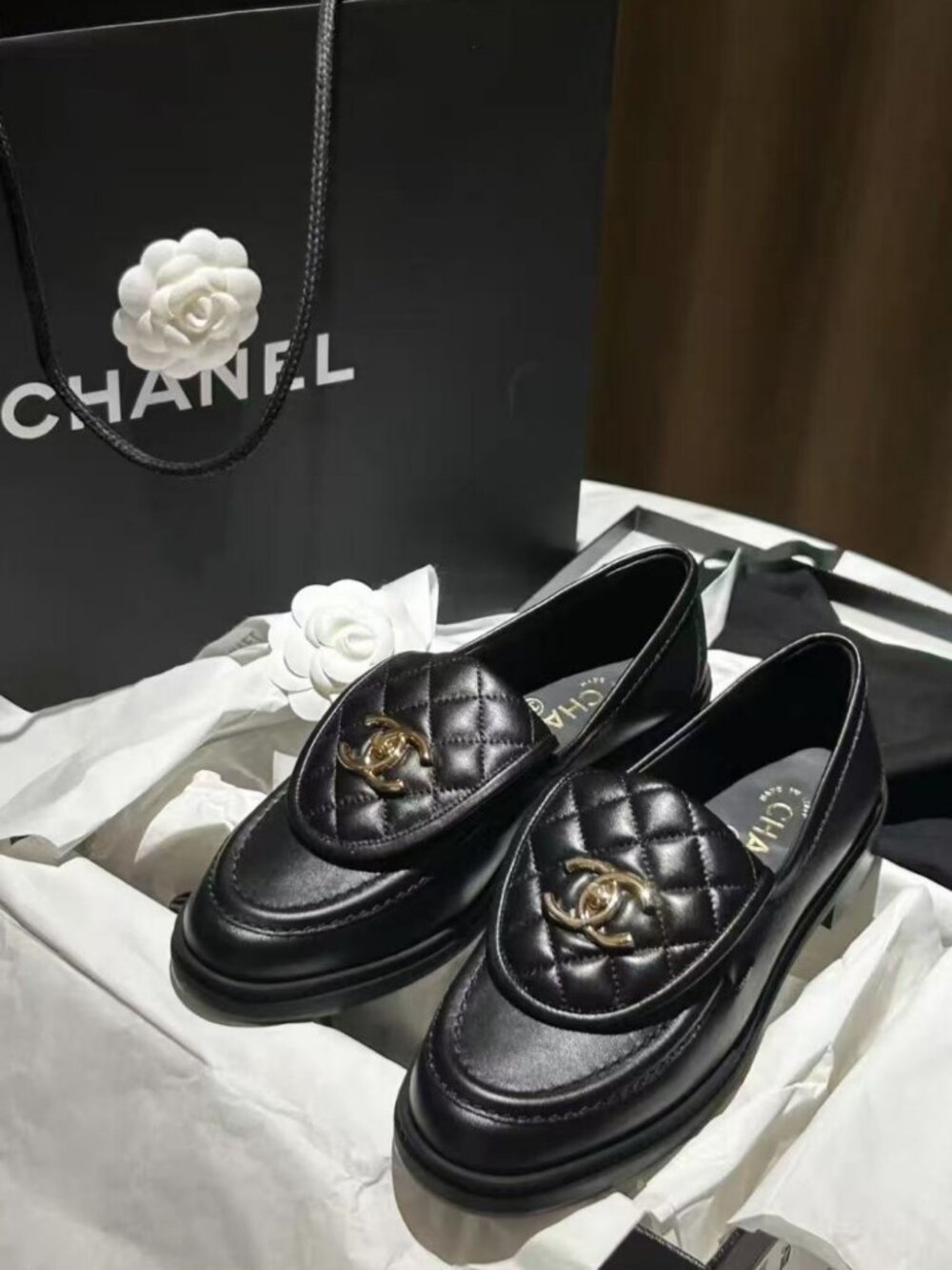 CHANEL Black Quilted Leather CC Logo Loafers